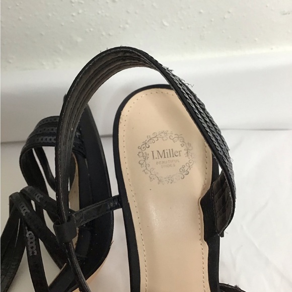 I. MILLER WOMEN ELEGANT BLACK SEQUIN TRIPLE STRAP OPEN TOE SLINGBACK HEELS SZ 9M - Picture 7 of 8